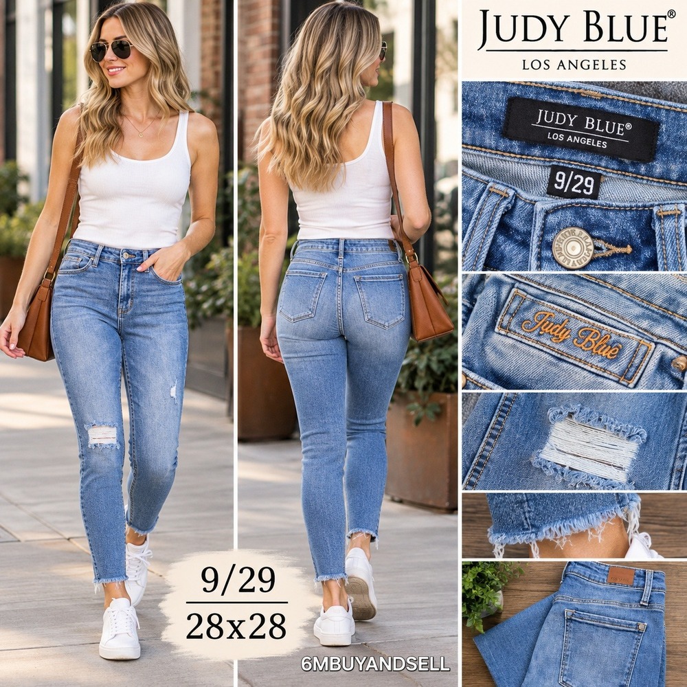 Judy Blue High Rise Distressed Raw Hem Skinny Jeans Blue 9/29 JB88108 MD 28x28